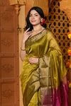 Gaurangi ~ Handloom Cotton Silk Saree with  Golden Border in Exclusive Lemon Yellow with Red Pallu