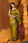 Gaurangi ~ Handloom Cotton Silk Saree with  Golden Border in Exclusive Lemon Yellow with Red Pallu