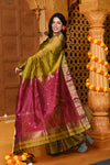 Gaurangi ~ Handloom Cotton Silk Saree with  Golden Border in Exclusive Lemon Yellow with Red Pallu