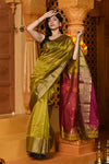 Gaurangi ~ Handloom Cotton Silk Saree with  Golden Border in Exclusive Lemon Yellow with Red Pallu
