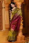 Gaurangi ~ Handloom Cotton Silk Saree with  Golden Border in Exclusive Lemon Yellow with Red Pallu
