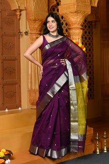  Gaurangi ~ Handloom Cotton Silk Saree with  Silver Border in Exclusive Wine with Yellow Pallu