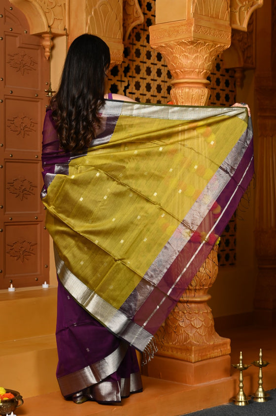 Gaurangi ~ Handloom Cotton Silk Saree with  Silver Border in Exclusive Wine with Yellow Pallu