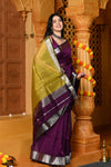 Gaurangi ~ Handloom Cotton Silk Saree with  Silver Border in Exclusive Wine with Yellow Pallu