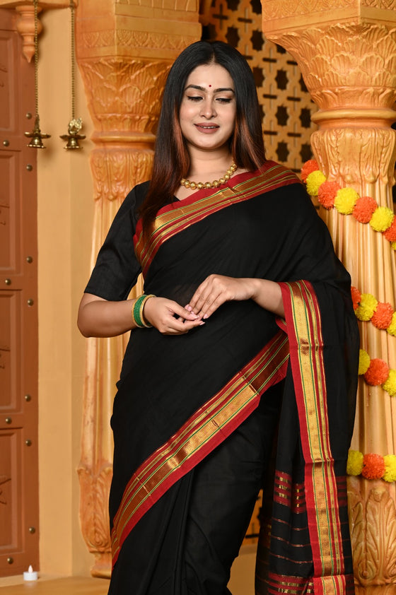 Gaurangi ~ Pure Cotton Saree in Regal Salient Black with Exclusive Zari Border & Pallu