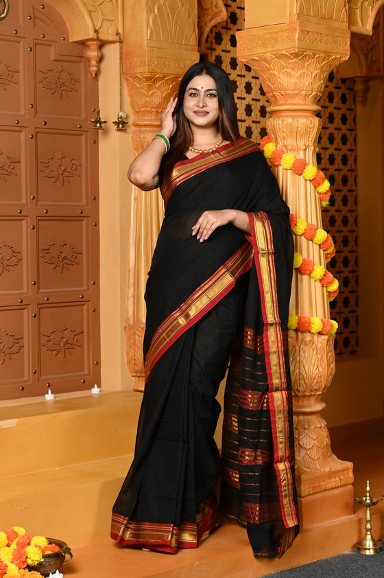 Gaurangi ~ Pure Cotton Saree in Regal Salient Black with Exclusive Zari Border & Pallu