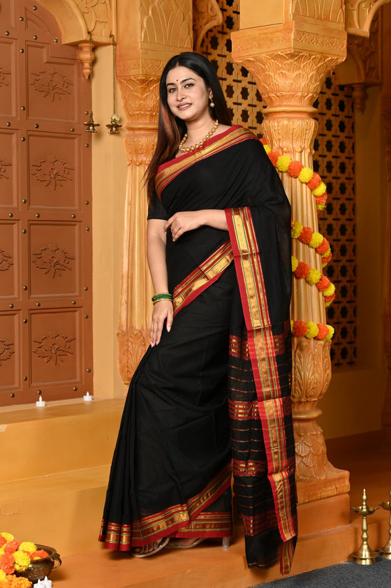 Gaurangi ~ Pure Cotton Saree in Regal Salient Black with Exclusive Zari Border & Pallu