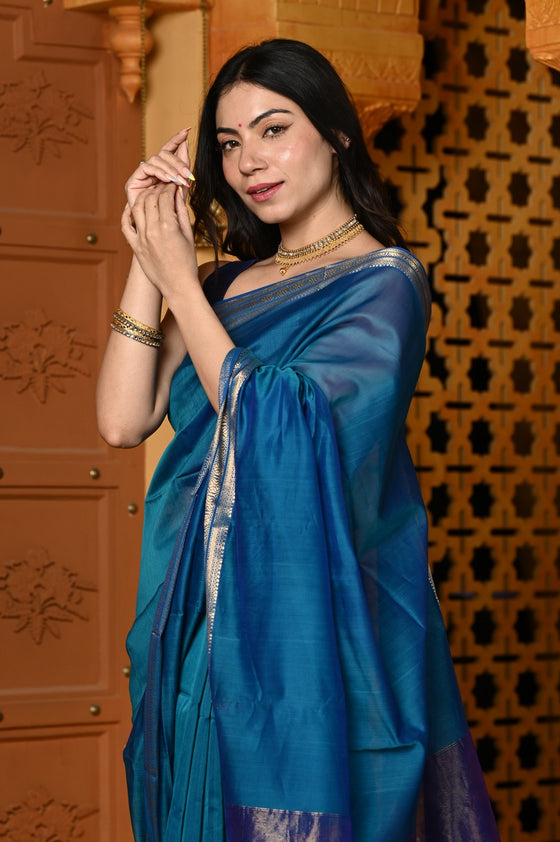 Gaurangi ~ Handloom Cotton Silk Saree with  Golden Border in Exclusive Indigo Blue