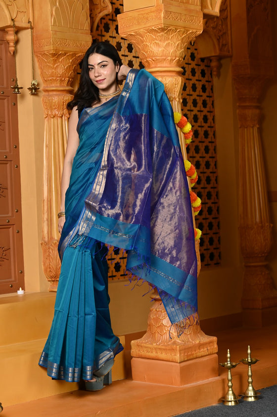 Gaurangi ~ Handloom Cotton Silk Saree with  Golden Border in Exclusive Indigo Blue
