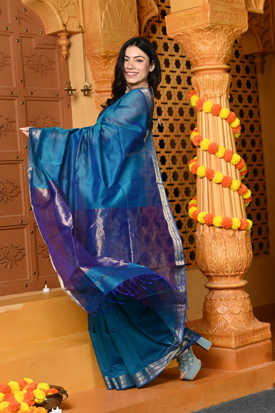 Gaurangi ~ Handloom Cotton Silk Saree with  Golden Border in Exclusive Indigo Blue