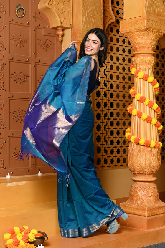 Gaurangi ~ Handloom Cotton Silk Saree with  Golden Border in Exclusive Indigo Blue