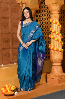  Gaurangi ~ Handloom Cotton Silk Saree with  Golden Border in Exclusive Indigo Blue