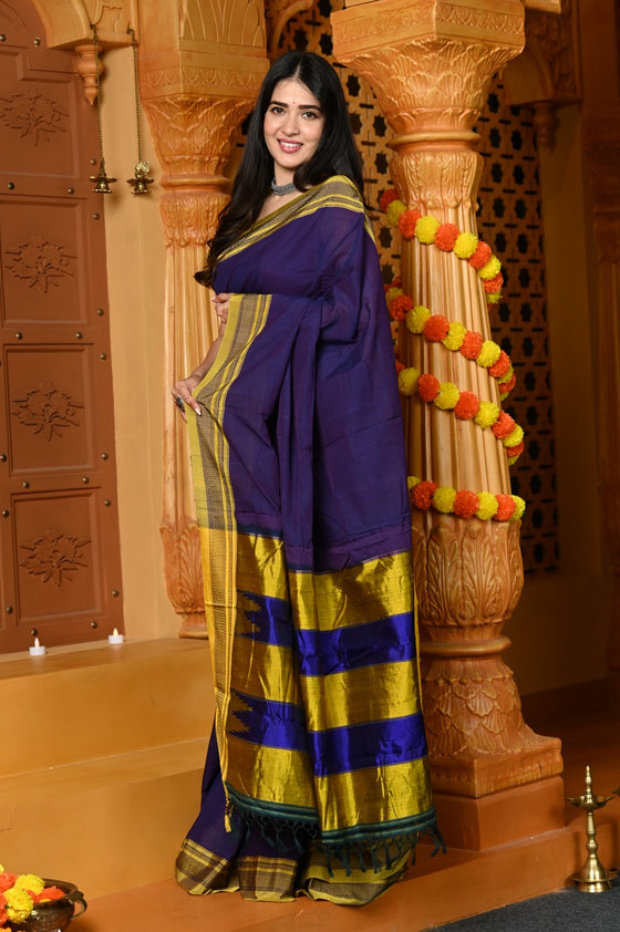 Gaurangi ~ Handloom Pure Cotton Ilkal Saree with Resham Pallu in Marine Blue