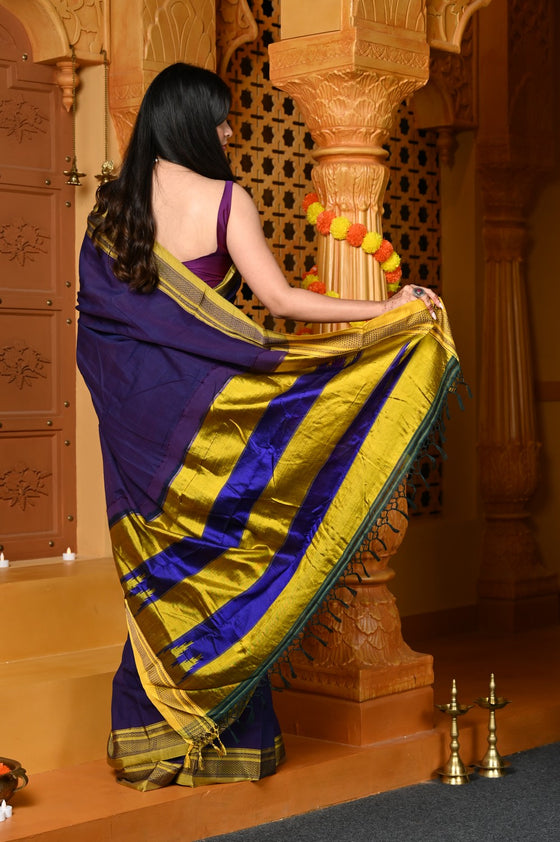 Gaurangi ~ Handloom Pure Cotton Ilkal Saree with Resham Pallu in Marine Blue