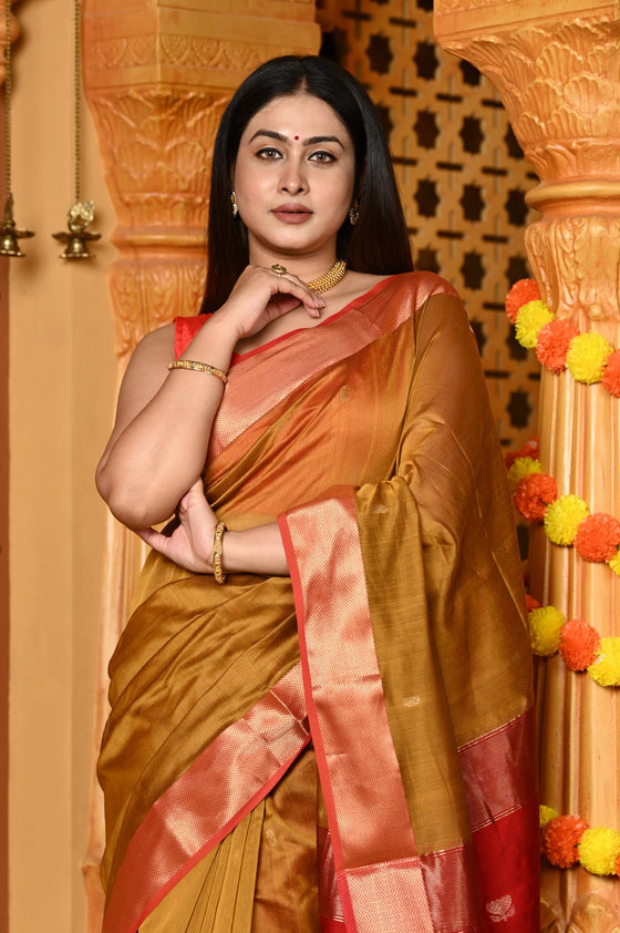 Gaurangi ~ Handloom Cotton Silk Saree with Gold Border in Exclusive Olive Yellow
