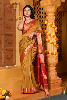  Gaurangi ~ Handloom Cotton Silk Saree with Gold Border in Exclusive Olive Yellow