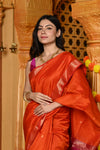 Gaurangi ~ Handloom Cotton Silk Saree with Gold Border in Exclusive Orange with Pink Pallu