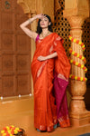 Gaurangi ~ Handloom Cotton Silk Saree with Gold Border in Exclusive Orange with Pink Pallu