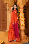 Gaurangi ~ Handloom Cotton Silk Saree with Gold Border in Exclusive Orange with Pink Pallu