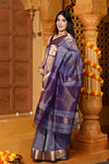 Gaurangi ~ Handloom Cotton Silk Saree with  Golden Border in Exclusive Dual Tone Lavender Blue