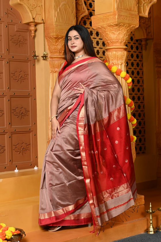 Gaurangi ~ Handloom Cotton Silk Saree with  Golden Border in Exclusive Slake with Red
