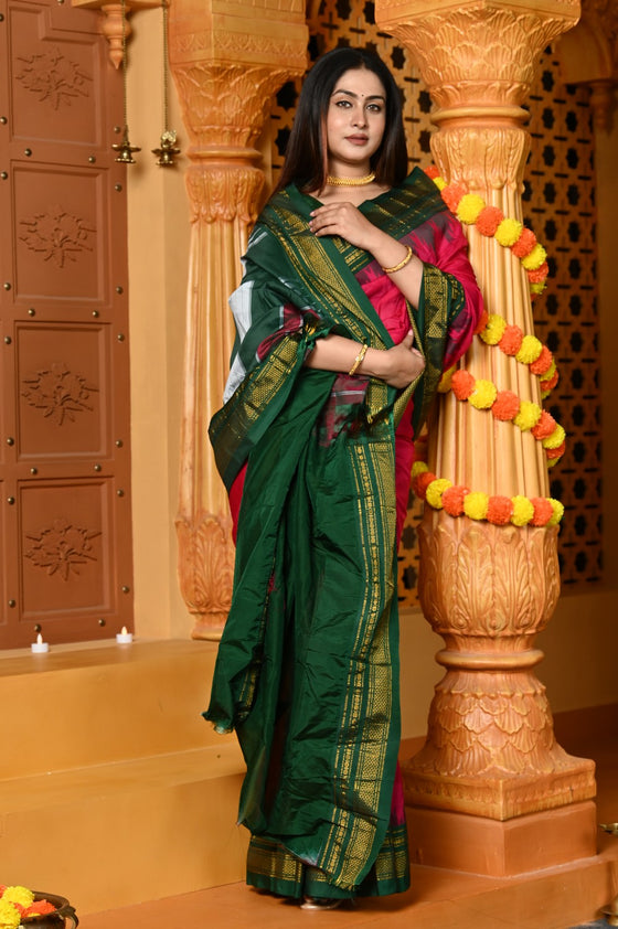 Gaurangi ~ Handloom Pure Cotton Ilkal Saree with Resham Pallu in Reshami Pink Green