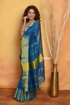 Mastaani ~ Handloom Pure Cotton Linen Saree With Golden Border - Blue