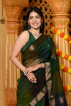 Gaurangi ~ Handloom Cotton Silk Saree with Gold Border in Exclusive Royal Green with Rainbow Shein