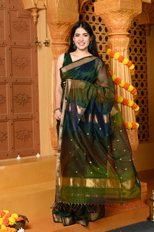  Gaurangi ~ Handloom Cotton Silk Saree with Gold Border in Exclusive Royal Green with Rainbow Shein