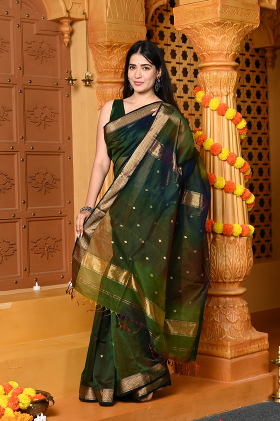 Gaurangi ~ Handloom Cotton Silk Saree with Gold Border in Exclusive Royal Green with Rainbow Shein