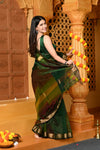 Gaurangi ~ Handloom Cotton Silk Saree with Gold Border in Exclusive Royal Green with Rainbow Shein