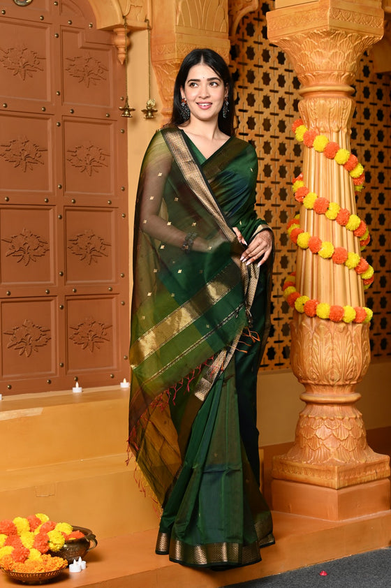 Gaurangi ~ Handloom Cotton Silk Saree with Gold Border in Exclusive Royal Green with Rainbow Shein