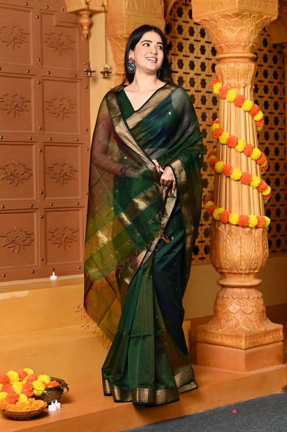 Gaurangi ~ Handloom Cotton Silk Saree with Gold Border in Exclusive Royal Green with Rainbow Shein