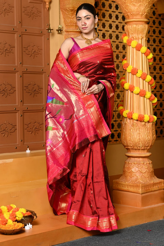 Gaurangi ~ Handloom Pure Silk Paithani Saree with Exclusive Parrot Pallu in Maroon