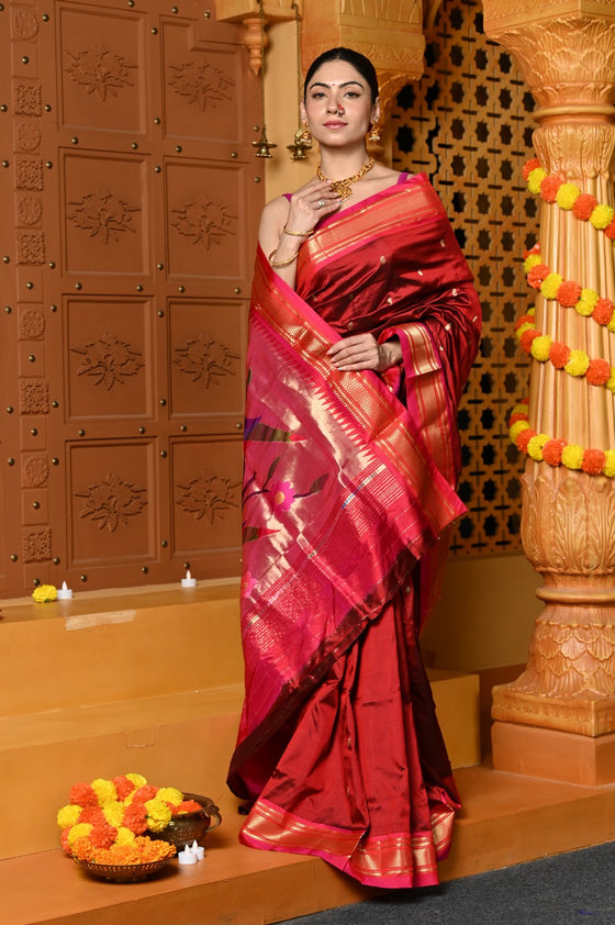 Gaurangi ~ Handloom Pure Silk Paithani Saree with Exclusive Parrot Pallu in Maroon
