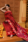 Gaurangi ~ Handloom Pure Silk Paithani Saree with Exclusive Parrot Pallu in Maroon
