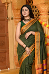 Gaurangi ~ Pure Cotton Saree in Regal Salient Leaf Green with Exclusive Zari Border & Pallu