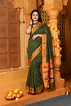 Gaurangi ~ Pure Cotton Saree in Regal Salient Leaf Green with Exclusive Zari Border & Pallu