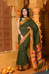 Gaurangi ~ Pure Cotton Saree in Regal Salient Leaf Green with Exclusive Zari Border & Pallu