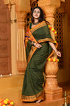 Gaurangi ~ Pure Cotton Saree in Regal Salient Leaf Green with Exclusive Zari Border & Pallu