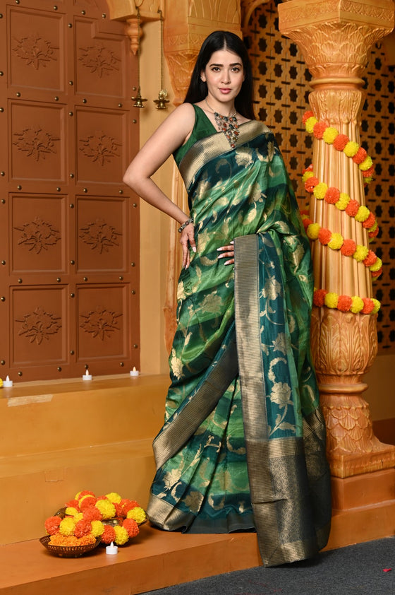 Gaurangi ~ Viscose Hand-dyed Rangkaath Saree in Monochrome Green Dark Green