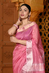 Gaurangi ~ Handloom Cotton Silk Saree with Golden Border in Exclusive Baby Pink with Floral Pallu
