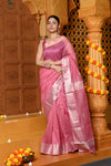 Gaurangi ~ Handloom Cotton Silk Saree with Golden Border in Exclusive Baby Pink with Floral Pallu
