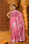 Gaurangi ~ Handloom Cotton Silk Saree with Golden Border in Exclusive Baby Pink with Floral Pallu