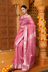 Gaurangi ~ Handloom Cotton Silk Saree with Golden Border in Exclusive Baby Pink with Floral Pallu