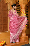 Gaurangi ~ Handloom Cotton Silk Saree with Golden Border in Exclusive Baby Pink with Floral Pallu