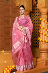 Gaurangi ~ Handloom Cotton Silk Saree with Golden Border in Exclusive Baby Pink with Floral Pallu