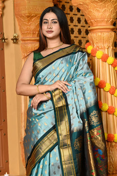 Gaurangi ~ Handloom Pure Silk Maharani Paithani with Majestic Maharani Pallu in Pista Green