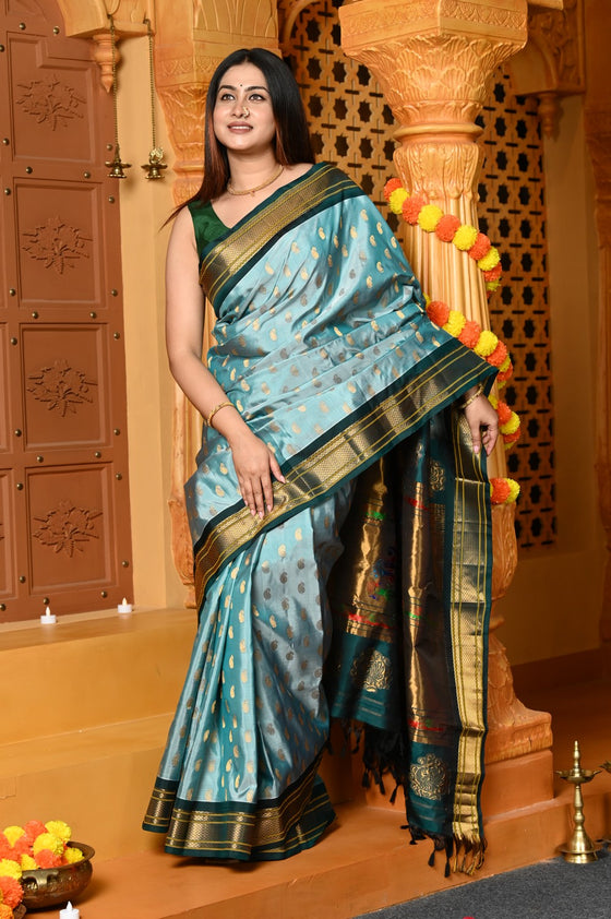 Gaurangi ~ Handloom Pure Silk Maharani Paithani with Majestic Maharani Pallu in Pista Green