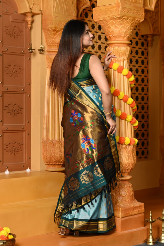 Gaurangi ~ Handloom Pure Silk Maharani Paithani with Majestic Maharani Pallu in Pista Green